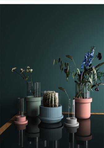 Nono studio - 利用不同材質的特性，創造一款顏色可以隨意調整的花瓶，擁有建築物般線條的石膏底座，與高透光性且防水的玻璃，結合在了一起，彼此在一個舒服的比例中相輔相成的搭配，透過光線的不同可以展現花瓶上若隱若現的線條，讓使用者的家居平面上，添加了幾分層次感。