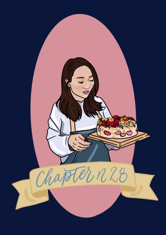 楊怡華 - 幫一個開甜品店的女孩畫了這張卡通肖像，蛋糕上的花跟女孩表情有種美好童話感，變加了框跟緞帶來做呈現。