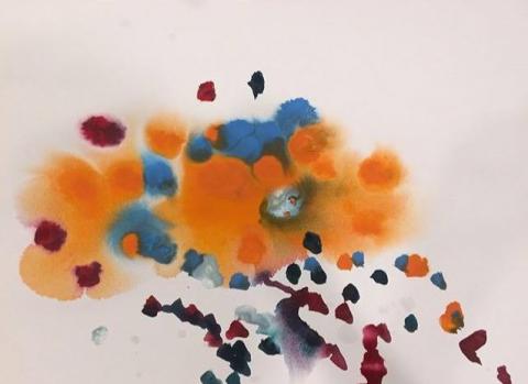 JIE 昀婕 - Autism文創工作室 / 學生作品 
大約五歲的小女生畫的，因為注意力不集中，所以也有媽媽在旁邊一起引導，她非常喜歡用點的方式畫畫，聽到音樂會很興奮。
