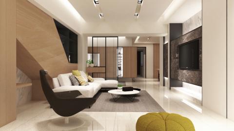 奇 - 淡水客廳設計渲染圖
打除一套不規則的格局與壁面，重新規劃出新式大氣格局，並增加許多收納空間