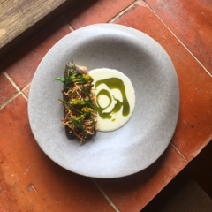 Troy&rsquo;s - 那個，我？
五葉松、刺蔥實、油菜花田、蘿蔔絲還有石斑跟海蘆筍。
#grouper #pineoil #sundrydaikon #alianthus #canolaflower #seaasparagus 

嗑啦嗑啦嗑啦⋯⋯刀刃貼過魚骨，斬過頭顱，取下菲力後，灑上一點海鹽的鹼味、一點蔗糖的濕膩，半小時，洗去。將松芽打做泥，塗抹在魚肉上，用保鮮膜包覆，定型，靜置一夜。

「其實這幾天我都在逃避你，逃避你進到我的夢裡，我又開始服用音頻毒品；逃避每晚伴著你的聲音睡去；逃避.....」還沒打完，我又按下了刪除鍵