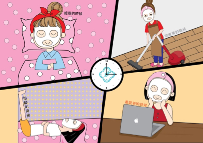 蘇菲亞設計工作室 - 廣告宣傳插圖繪製｜你都什麼時間敷面膜呢？！製作相關文宣圖，完整呈現女性敷面膜並掌握時間的時刻。