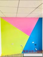 專業油漆工程行 - 主牆分三色：藍色、粉色、螢光黃