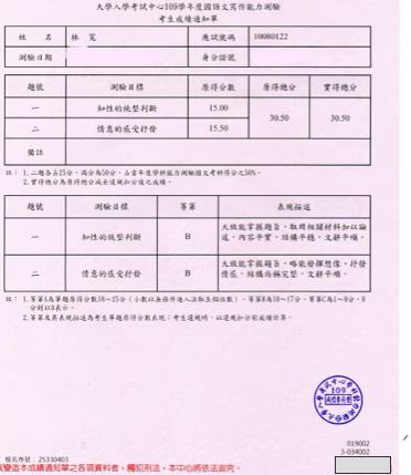 林寬 - 學測國寫成績單
