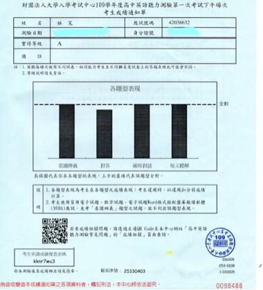林寬 - 學測英聽成績單