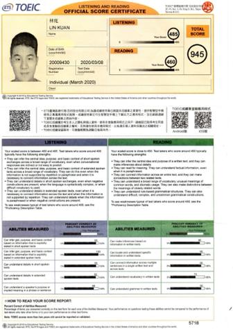 林寬 - TOEIC test 945