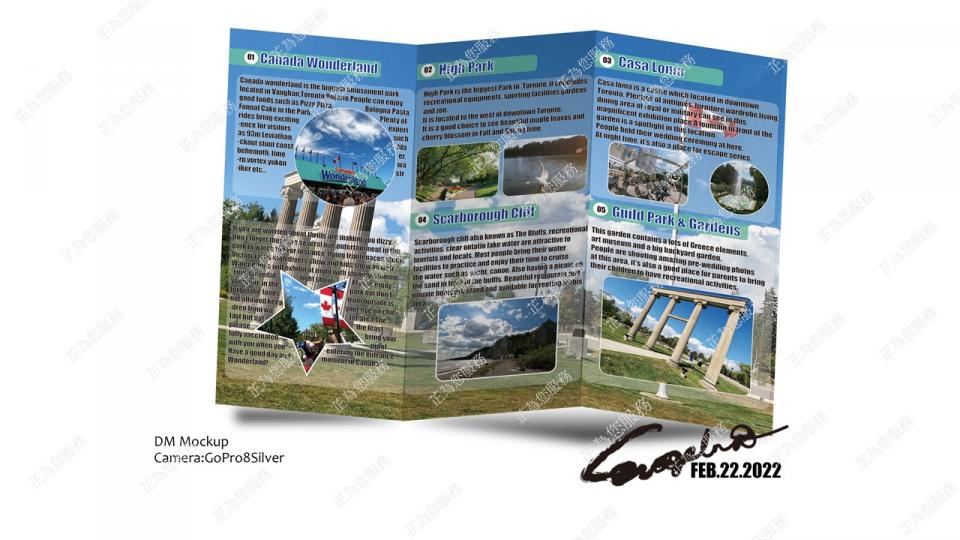 Evangelina Huang - 這是我設計的ＤＭ，我是以加拿大多倫多旅遊的景點介紹為範本，照片是我實地用GoPro8在加拿大拍攝的喔！
若有菜單或是其他ＤＭ需求請找我設計！謝謝！