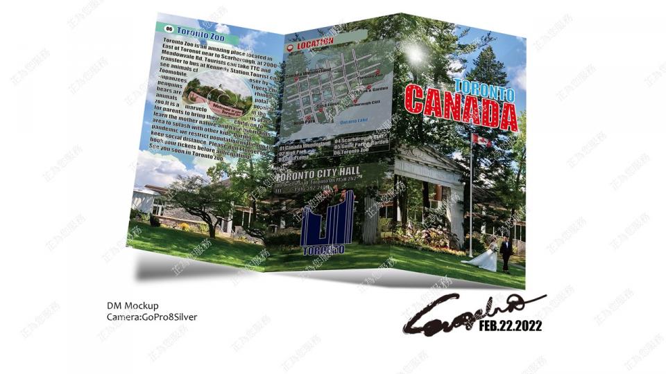 Evangelina Huang - 這是我設計的ＤＭ正面，我是以加拿大多倫多旅遊的景點介紹為範本，照片是我實地用GoPro8在加拿大拍攝的喔！
若有菜單或是其他ＤＭ需求請找我設計！謝謝！