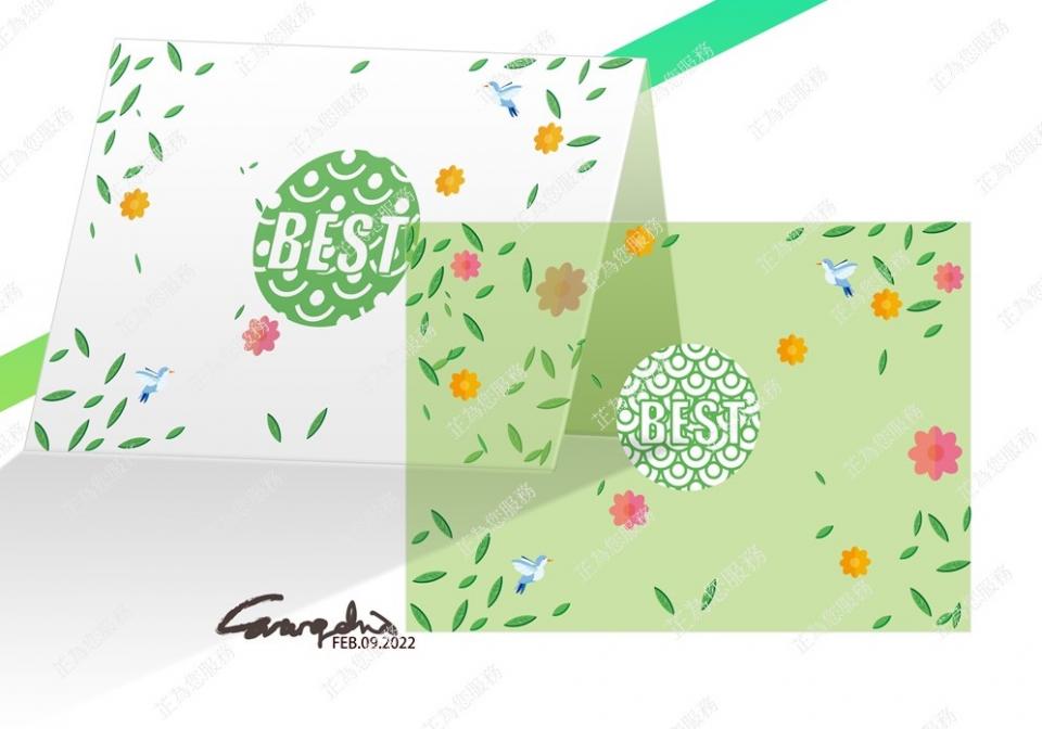 Evangelina Huang - 以雷射雕刻作為發想，想以花鳥以及綠色來顯示最美好的季節best，花鳥皆為AI自己畫製的，為課後的練習作品