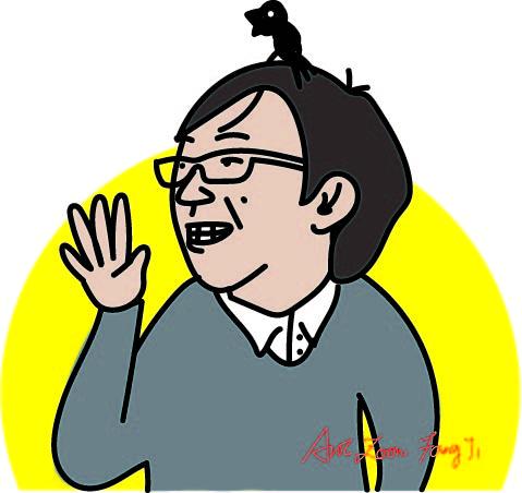 陳芳儀 - 作品為人像Q版畫，用黃色背景強調主要人物，並加上凸顯個性的烏鴉、強調伶牙俐齒的嘴巴。