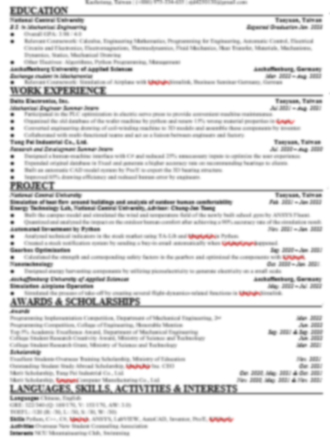 Jenny - 履歷翻譯(中翻英)
紅線處為專業術語
為保護客戶隱私，將圖片模糊化