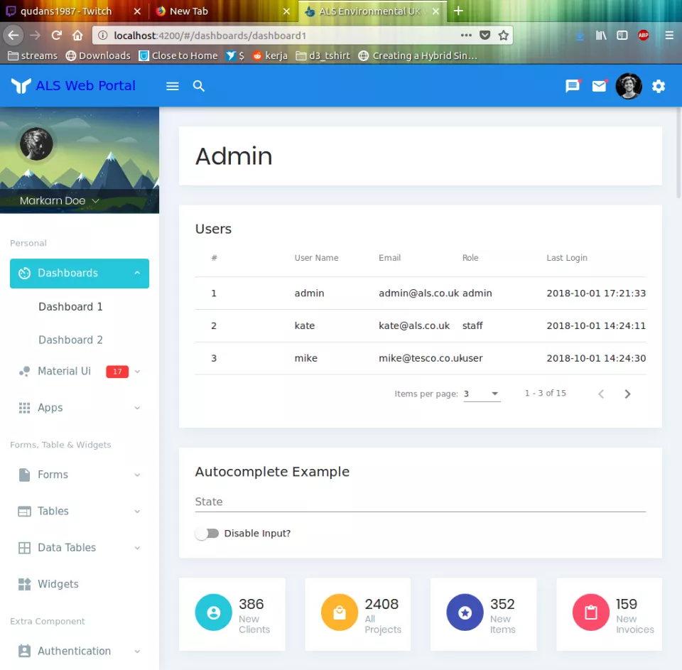 建穎陳 - 這是一個整合 Google Material 設計風格的 Angular 6 前端應用,成功串接 Lumen 作為後端資料庫 API 的專案,呈現專業且高效的管理後台系統。功能包含使用者管理、自動完成表單、統計資訊卡片等,介面設計現代、操作流暢,完美展現企業級應用所需的穩定性與延展性,適合用於內部管理系統或客戶後台入口。 建穎陳 - 這是一個整合 Google Material 設計風格的 Angular 6 前端應用,成功串接 Lumen 作為後端資料庫 API 的專案,呈現專業且高效的管理後台系統。功能包含使用者管理、自動完成表單、統計資訊卡片等,介面設計現代、操作流暢,完美展現企業級應用所需的穩定性與延展性,適合用於內部管理系統或客戶後台入口。