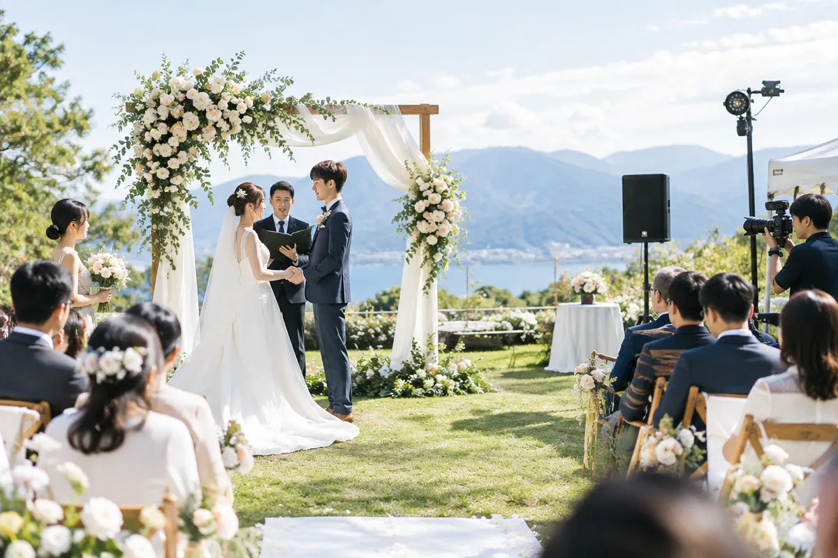 草地戶外婚禮示意,呈現證婚區花藝佈置、新人與賓客互動及婚禮影像紀錄