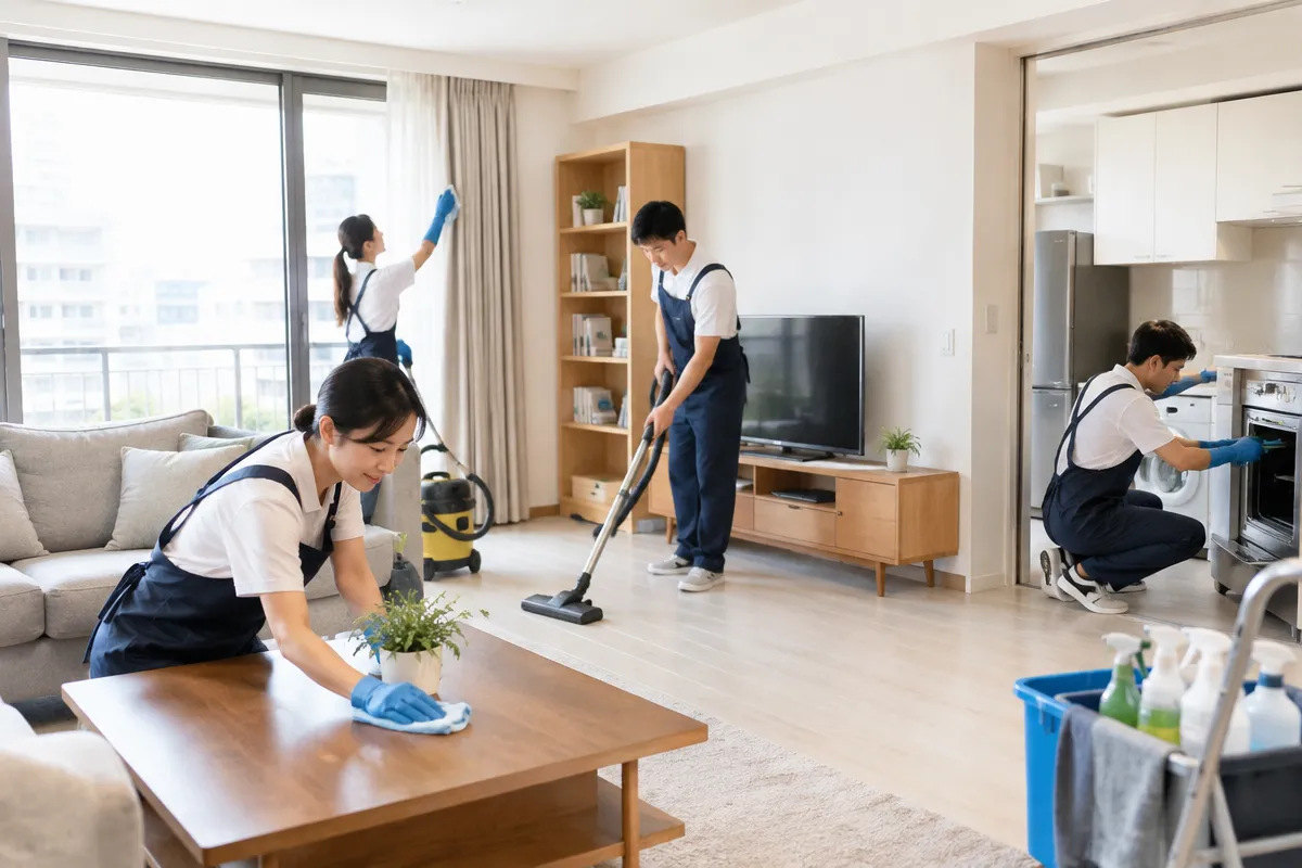 居家空間整理示意,包含雜物分類收納、分區清潔,以及家具與家電清潔規劃