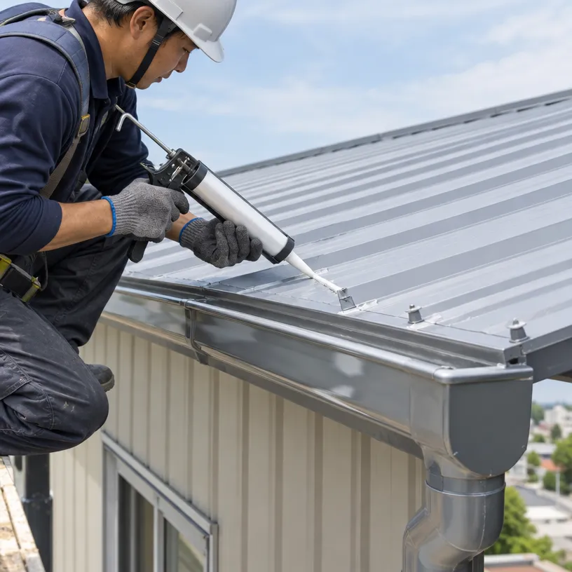 白鐵浪板屋頂接縫收邊、矽利康密封與屋簷排水槽施工示意