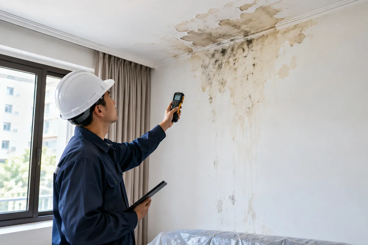 牆面或天花板水漬的漏水處理流程:漏水來源定位、供水管修復、防水層補強與受損牆面復原