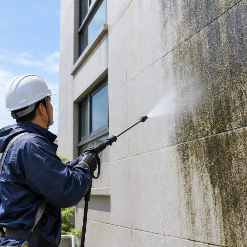 建築外牆灰塵、雨痕與藻類等表面髒污清洗示意