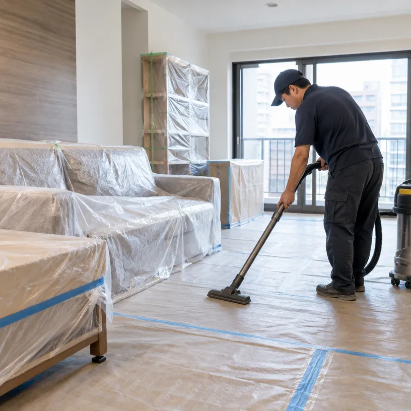 輕鋼架天花板施工前地板與家具保護,以及完工後粉塵清潔示意