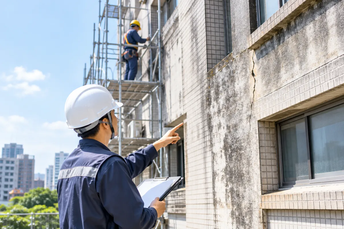 建築外牆老化與防護更新示意，涵蓋外牆清潔、裂縫修補、防水處理及立面塗裝