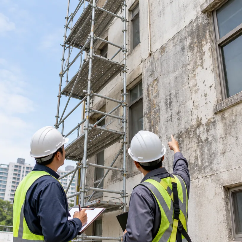 建築外牆劣化檢測、施工高度評估與鷹架準備