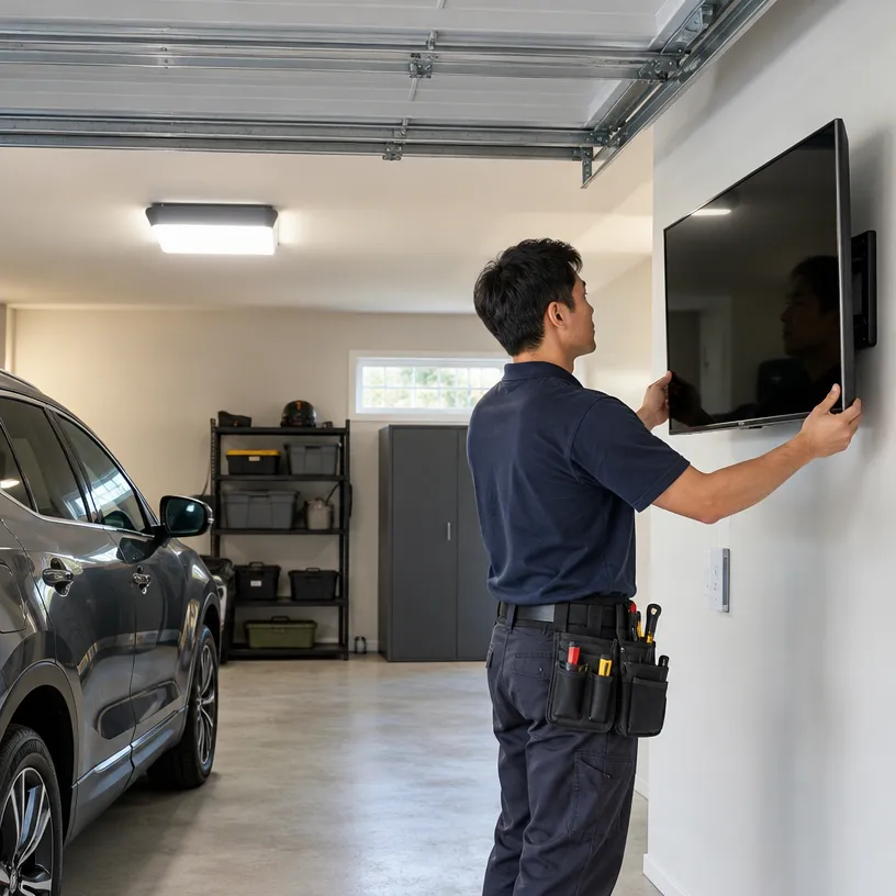 住宅車庫入口照明與電視壁掛設備安裝示意