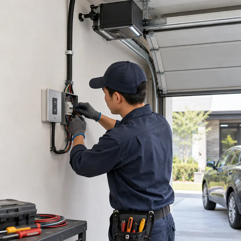 住宅車庫捲門馬達電源、壁面按鈕與遙控控制配線示意