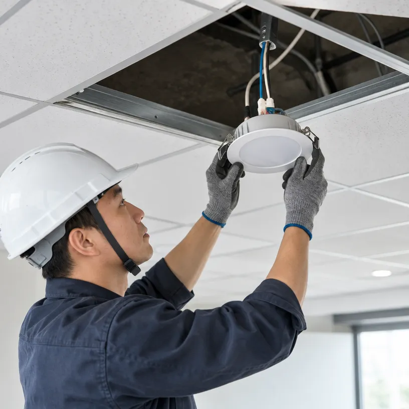輕鋼架天花板燈具開孔、嵌燈安裝與照明配線工程示意