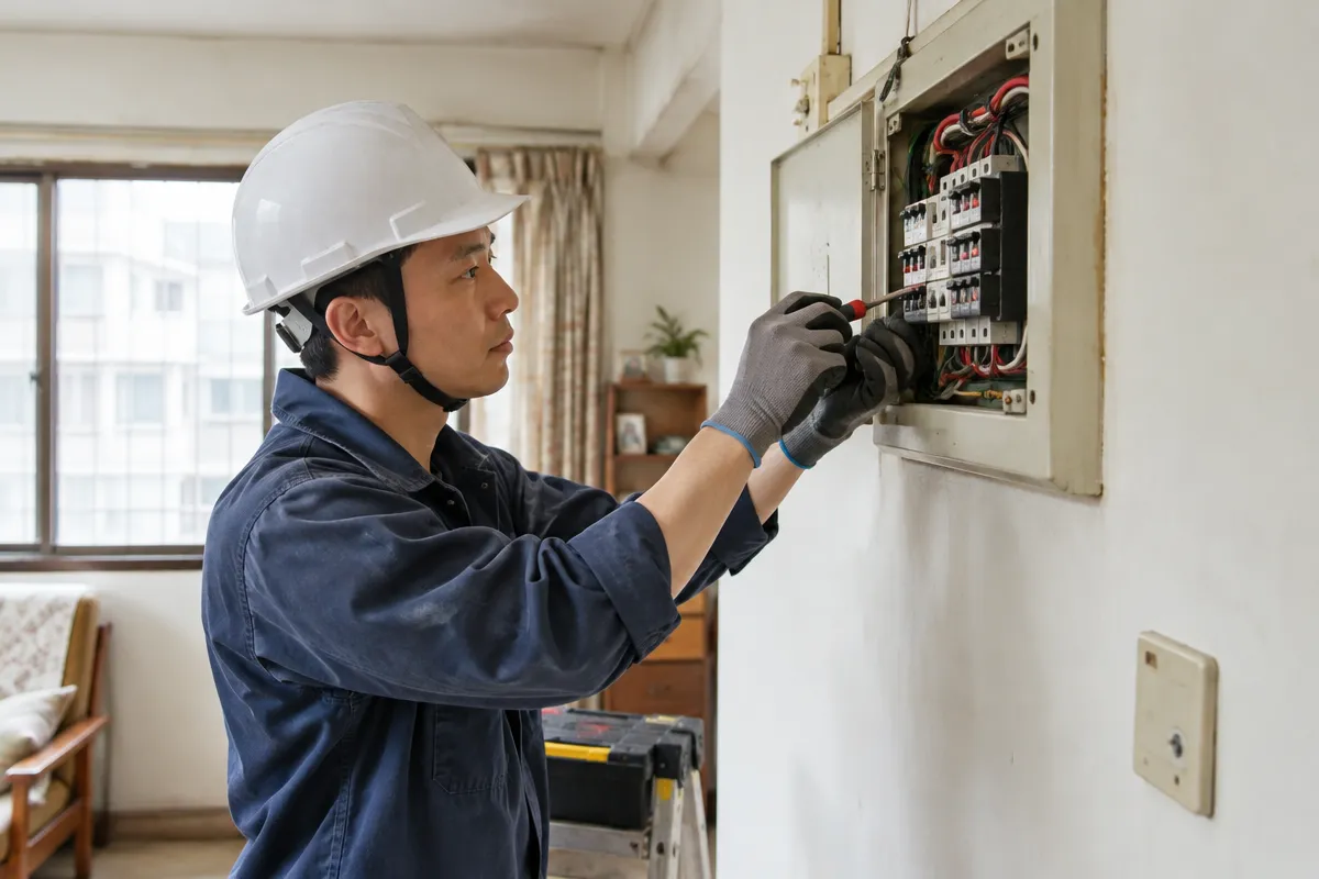 老屋跳電與電線老化的居家安全改善重點,涵蓋線路檢修、家電異常檢測、插座燈具更新及牆面修補