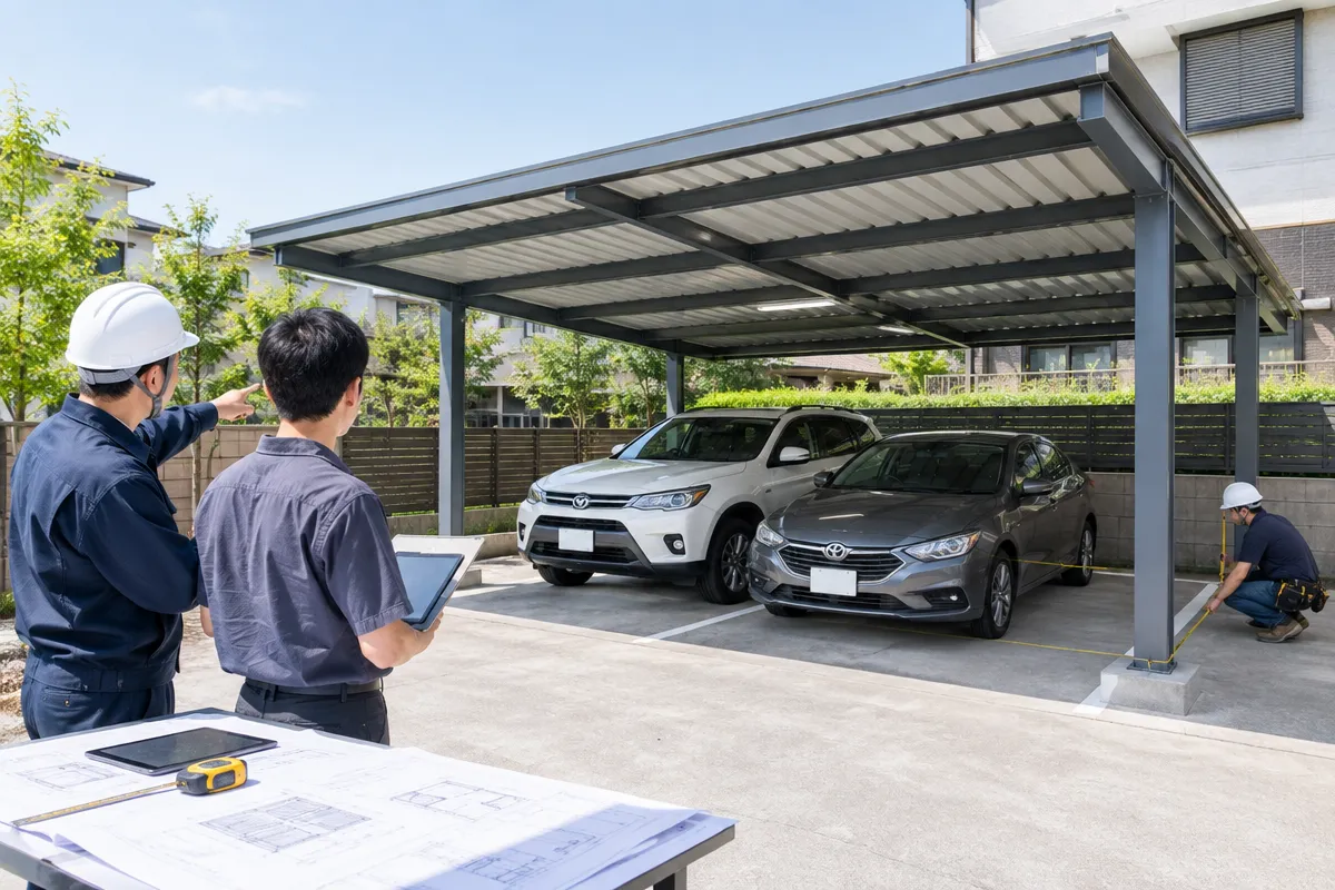 住宅與社區停車遮棚規劃，包含車位與柱位配置、鋼構棚頂、排水及照明設計
