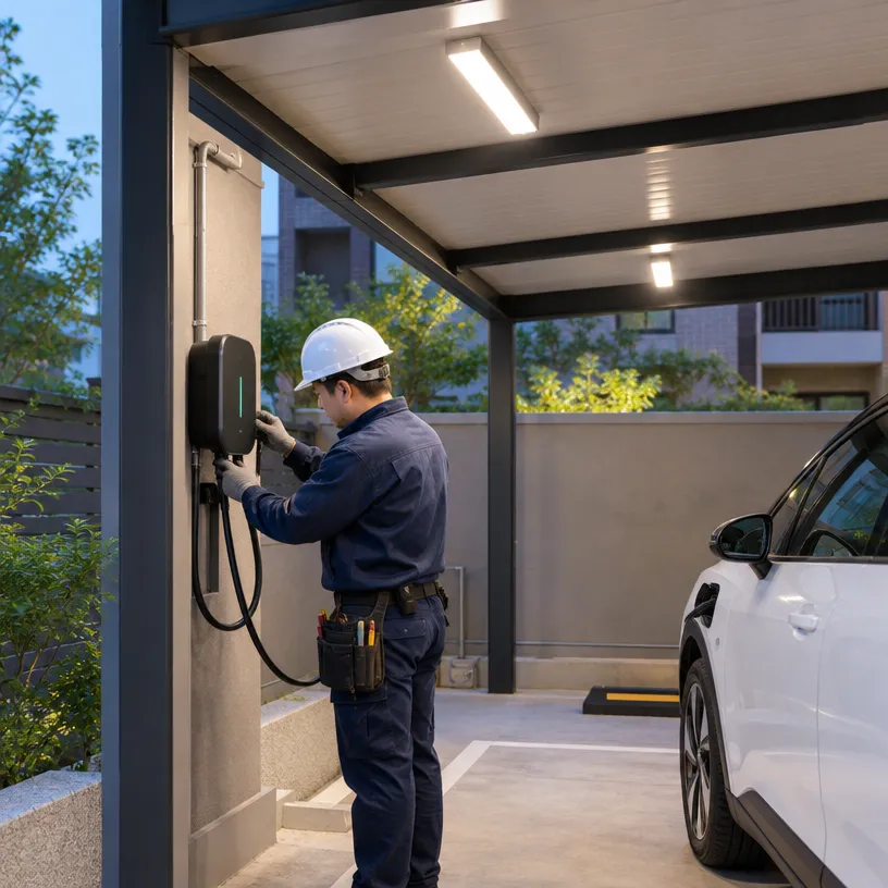 住宅與社區車棚照明及電動車充電配置，包含燈具、電線與充電樁安裝規劃