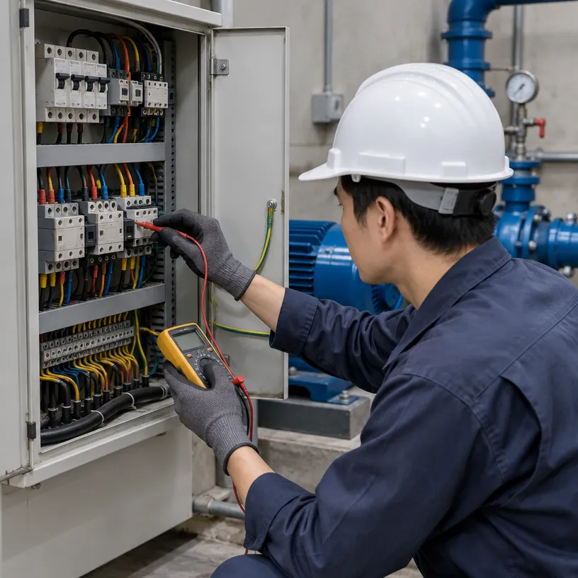 加壓設備電源、接地與控制配線檢查示意