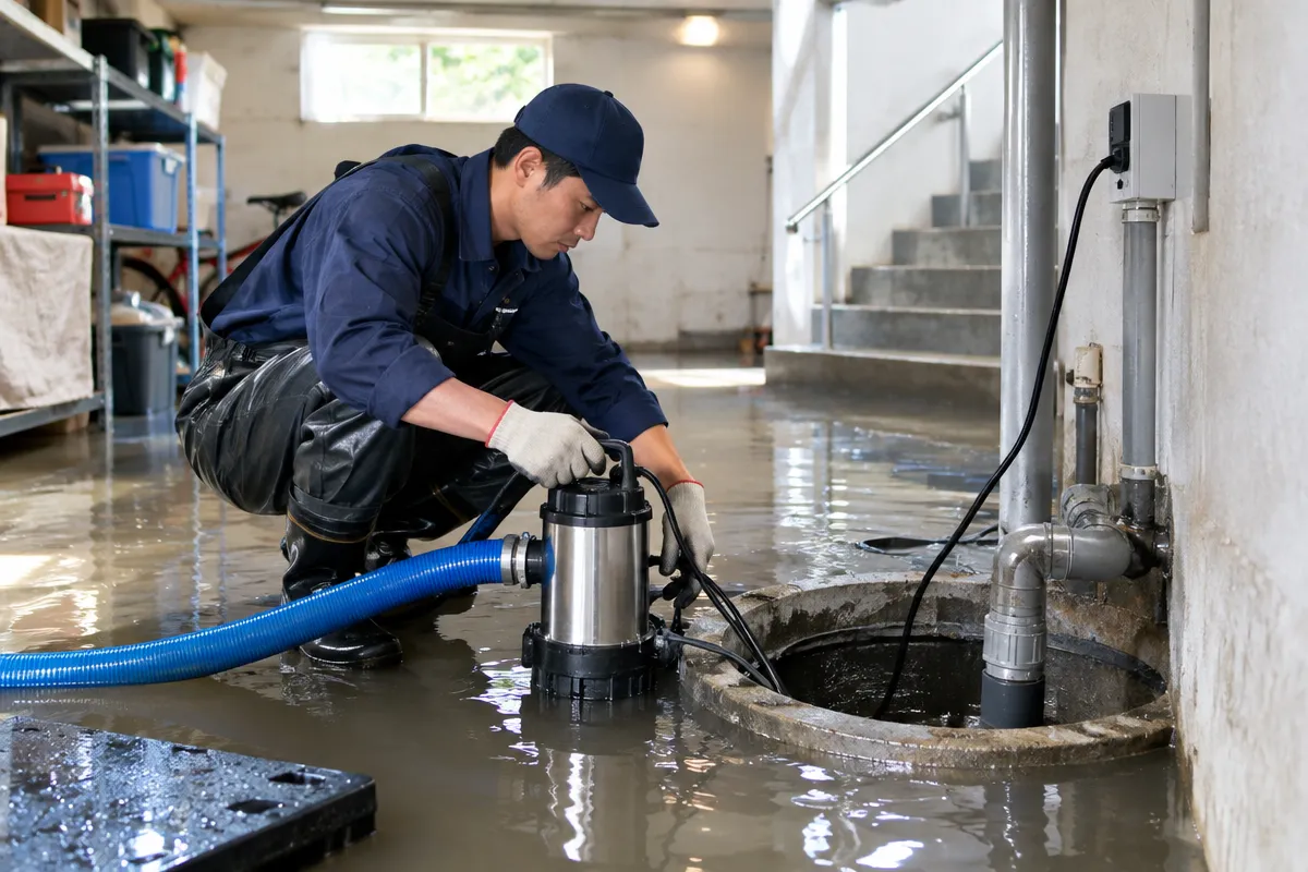 地下室與低窪空間積水處理，包含集水坑抽排、泵浦檢修、排水管路疏通與防水改善