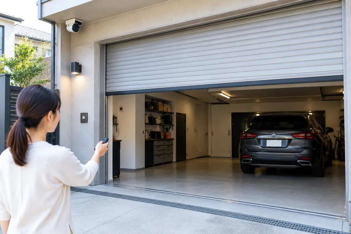 住宅車庫電動捲門、壁面控制開關、入口監視器與照明設備配置