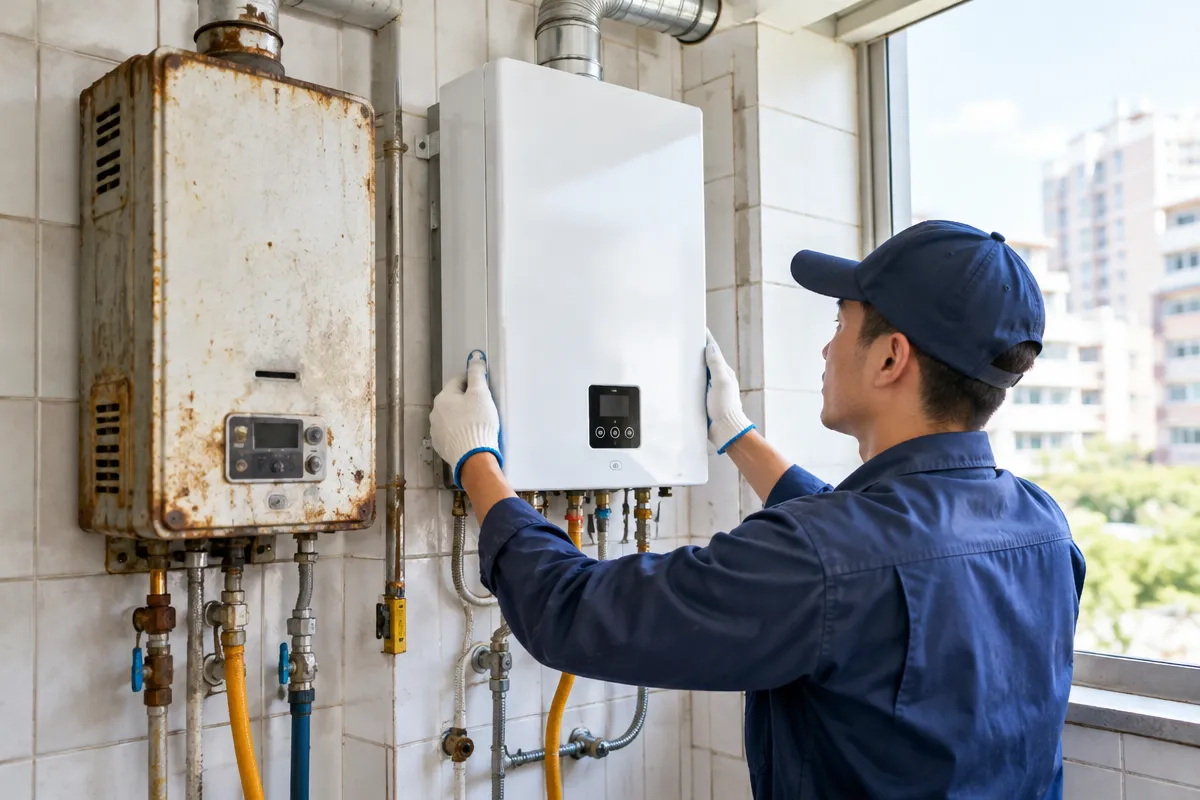 老舊瓦斯熱水器汰換與安全升級，涵蓋主機換新、瓦斯及冷熱水管線檢查與排氣配置評估
