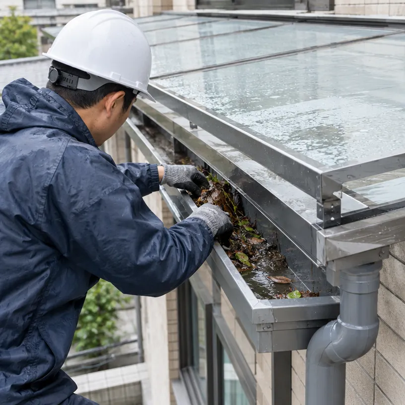 風災後採光罩周邊積水區域與屋簷排水槽修復