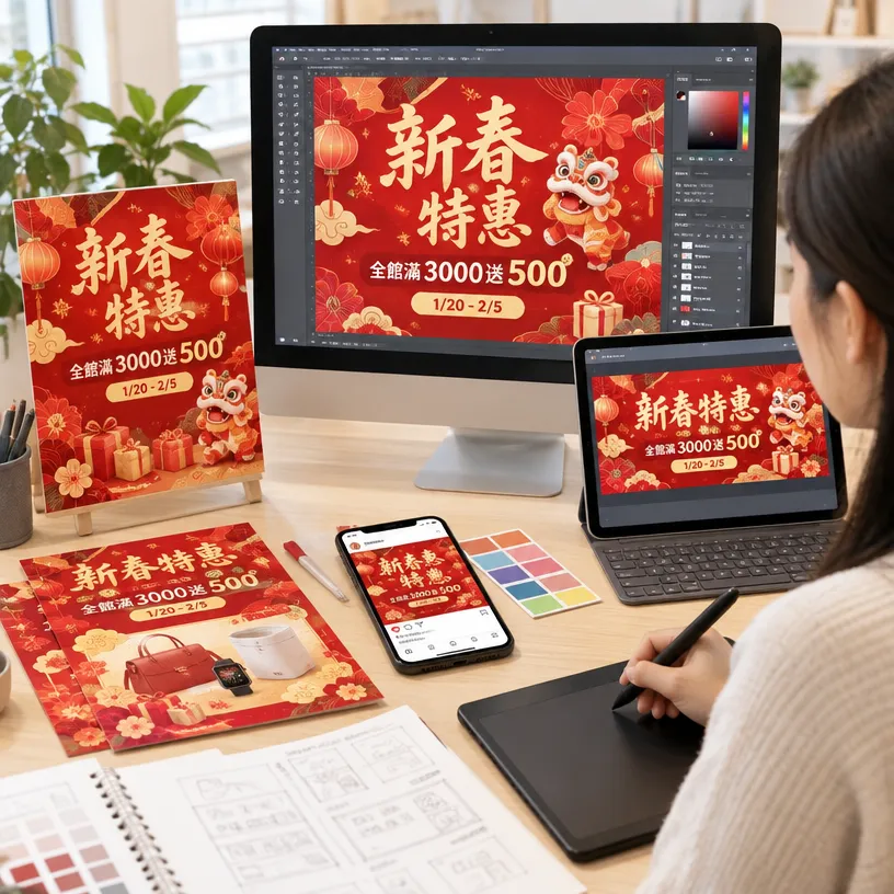 節慶促銷主視覺與廣告素材,包含DM、海報、社群圖文及Banner設計