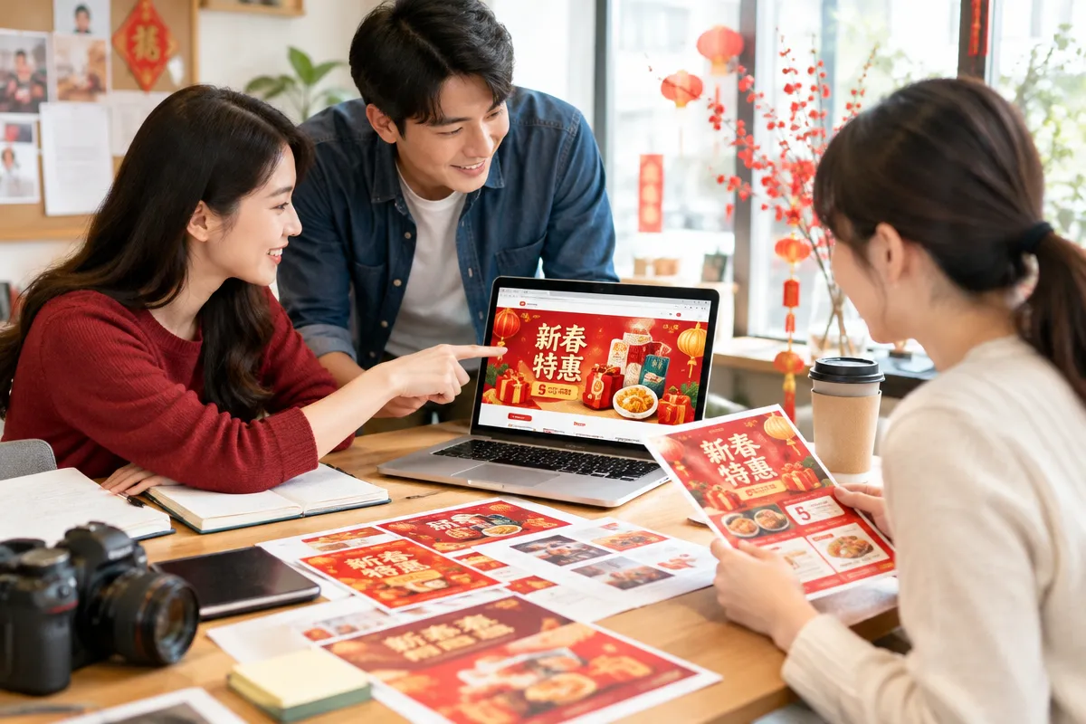節慶促銷檔期宣傳企劃流程，涵蓋活動機制、主視覺與影片製作、跨媒體廣告投放及電商活動頁