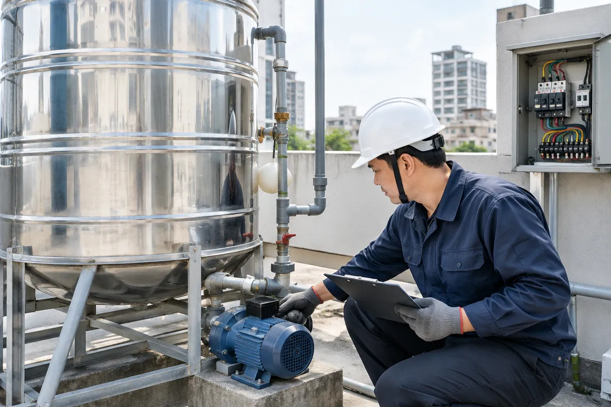 水塔供水異常與系統維護項目，涵蓋抽水補水設備、水塔本體、供水管線及控制電路檢查