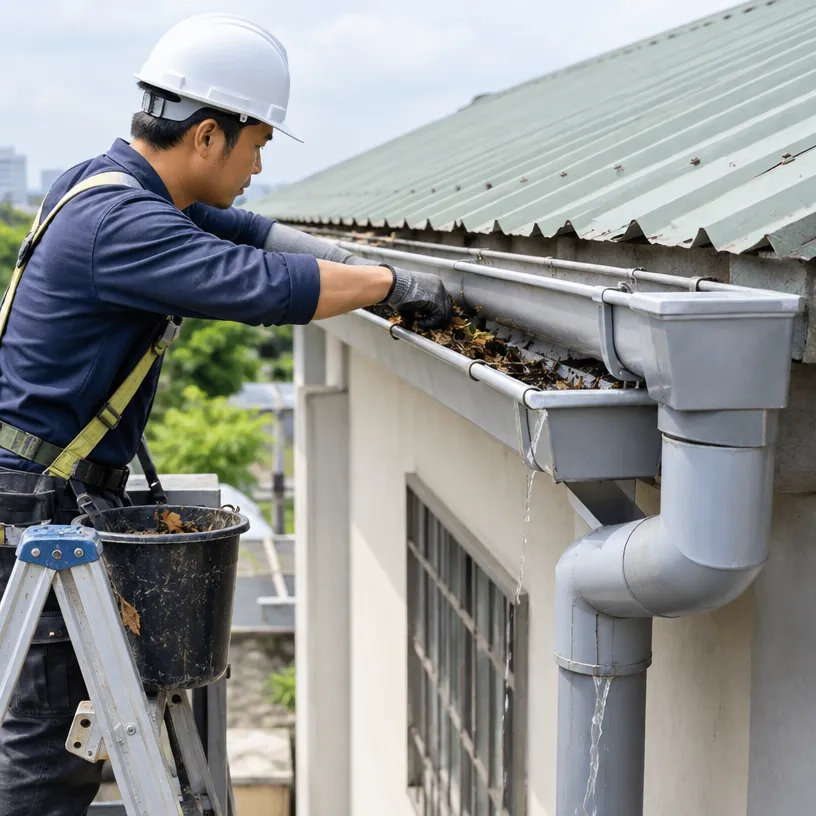 老舊鐵皮屋頂的天溝、落水管與屋面導流改善示意
