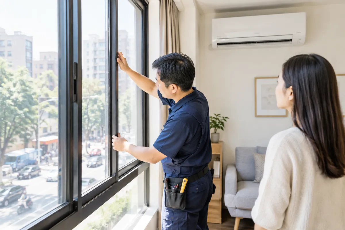 臨路住宅隔音與空調節能改善示意，涵蓋窗戶密合檢修、氣密窗規劃及冷氣清潔保養