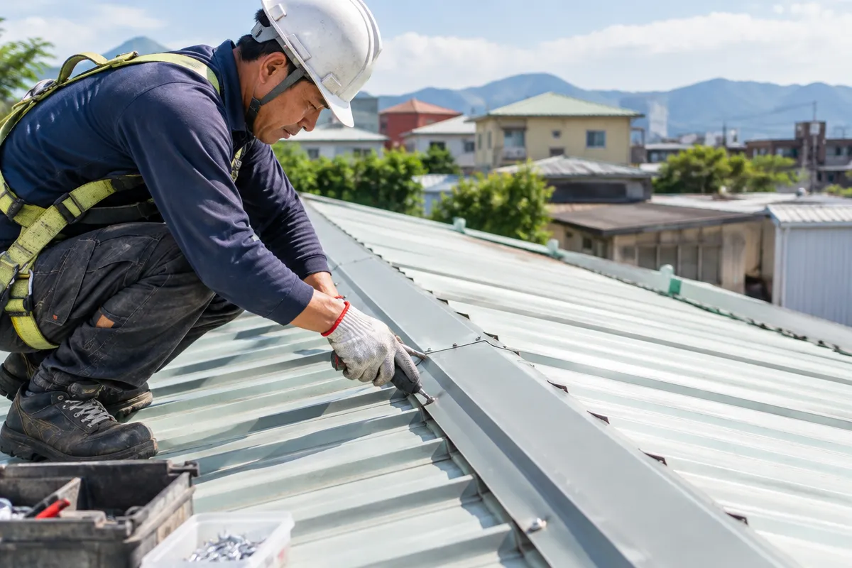 老舊鐵皮屋頂更新與防颱整修重點：漏水檢測、浪板更換、接縫防水、骨架補強與排水改善