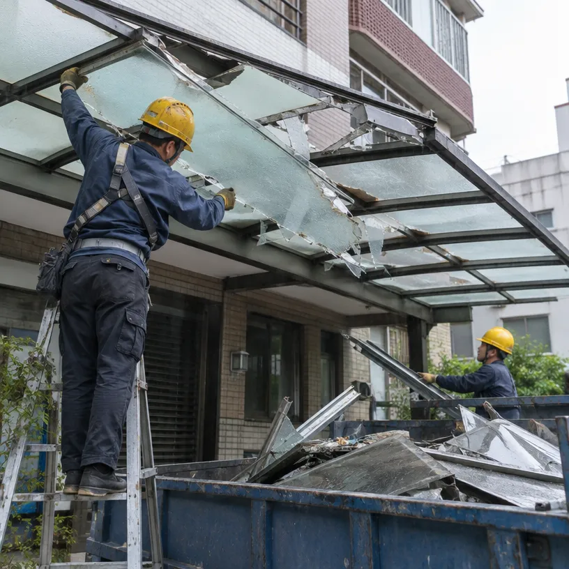 風災後採光罩破裂板材與脫落構件的拆除及廢料清運