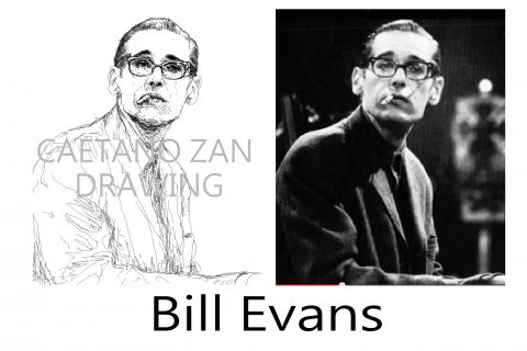 雨咚奇異科技有限公司  - 現代爵士鋼琴大師 比爾伊文斯(Bill
 Evans)的黑色線條素描
