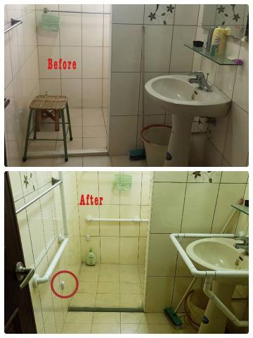 均鎂福祉國際股份有限公司 - 把阻擋水流出的門檻敲掉，避免母親踢到，也在母親平時出入的動線上都裝上了把手與求救鈴。