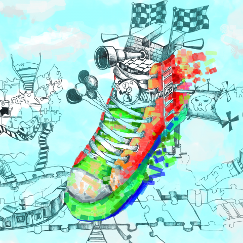 林致宇 - 類別:電腦繪圖(插畫)
作品名稱:方法,努力,勇敢
作品的主角是以鞋子為主,但是鞋子上戴著手錶阿 氣球 旗子等物件,這些都是想像出來的物品,代表著不畏辛苦的去找方法,努力,勇敢去追求,這樣原本你自己內心所想像的就有可能會實現喔