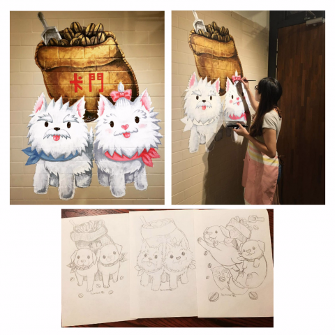 DORMOUSE眠 - 咖啡廳壁畫繪製(因牆面有凹凸所以狗狗的部分有上補土)