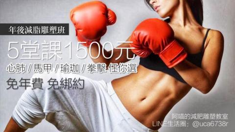 阿喵的減肥雕塑教室 - 年後減脂雕塑班來了?
5堂課只要1500（僅前50名）
心肺 / 馬甲 / 瑜珈 / 拳擊 任你選
免年費 免綁約
想報名請留訊或私訊?