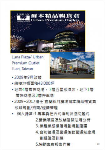 購物中心開發/招商/經營管理顧問  許其成 (Alex ) - 2009~2017擔任 宜蘭新月廣場爾本精品暢貨倉改裝規劃/招商/經營管理
