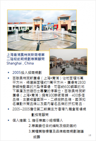 購物中心開發/招商/經營管理顧問  許其成 (Alex ) - 2005年上海青浦奧特萊斯商場第二階段前期規劃專業顧問 
 Shanghai&nbsp;, China
