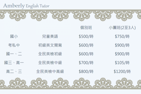賴姿瑾 - 英語教學參考收費一覽
